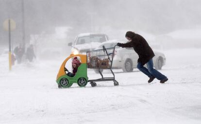 Una persona empuja el carrito de la compra y el de su hija por las calles nevadas del municipio de Saginaw, en Michigan.