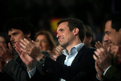 El presidente del PP, Pablo Casado, durante un acto con los candidatos del partido al Congreso y Senado por Córdoba celebrado hoy en la ciudad andaluza.