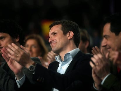El presidente del PP, Pablo Casado, durante un acto con los candidatos del partido al Congreso y Senado por Córdoba celebrado hoy en la ciudad andaluza.