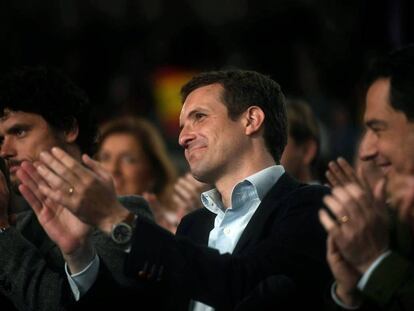 El presidente del PP, Pablo Casado, durante un acto con los candidatos del partido al Congreso y Senado por Córdoba celebrado hoy en la ciudad andaluza.