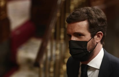 21/04/2021 El líder del PP, Pablo Casado, durante una sesión de control al Gobierno Central, a 21 de abril de 2021, en el Congreso de los Diputados