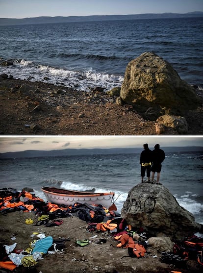 En la imagen superior, vista de una playa en el pueblo de Skala Sykamineas, en la isla de Lesbos (Grecia), tomada el 3 de agosto de 2018. En la imagen inferior, dos hombres miran el mar junto al cuerpo de otro hombre cubierto por una sábana azul en esa misma playa, el 30 de octubre de 2015 después de que una barca se hundiera intentando cruzar el mar Egeo desde Turquía. 