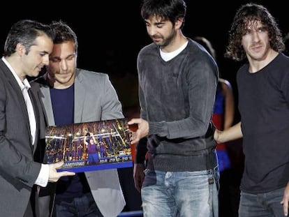 Borregán, Tomás, Navarro y Puyol, capitanes del Barcelona, en 2013.