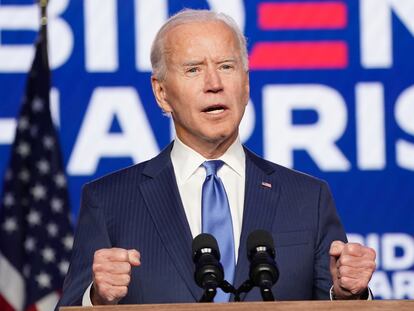 El candidato demócrata, Joe Biden, el viernes en su mensaje desde Wilmington (Delaware).