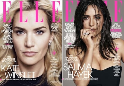 Kate Winslet y, a la derecha, Salma Hayek, en dos de las portadas de la revista 'Elle' de este mes de noviembre.