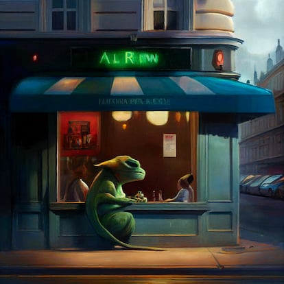 Ilustración creada con la IA de Midjourney, con la orden «The alien Zor in Paris, in style of Edward Hopper»