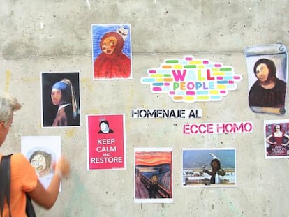 La pared de la plaza junto al CCCB de Barcelona donde se ha celebrado el homenaje al eccehomo.