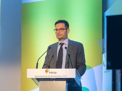 El presidente de PRISA, Joseph Oughourlian, interviene en la junta de accionistas del Grupo Prisa 2022.