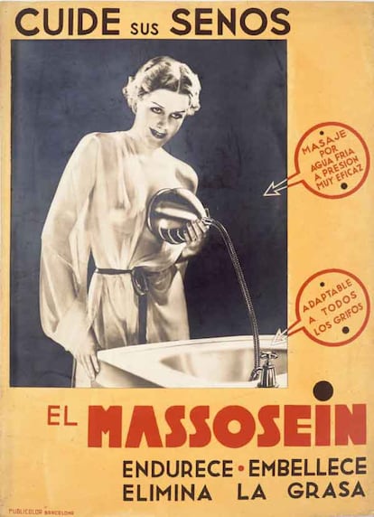 Otro producto que hoy provoca asombro es este artefacto para el cuidado de los senos femeninos, llamado Massosein. El afiche es de los años treinta del siglo XX.