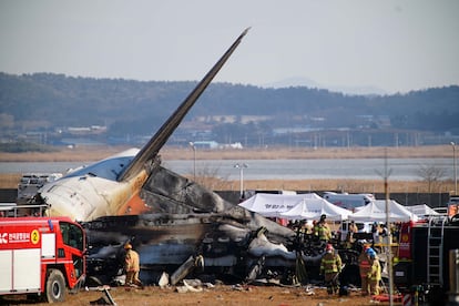 Los bomberos trabajan en las labores de rescate tras el accidente en el aeropuerto internacional de Muan.