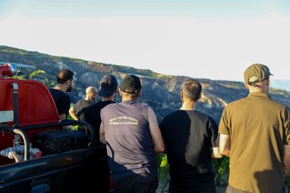 Voluntarios del grupo de bomberos forestales del grupo anarquista Rouvikonas observan los efectos de un incendio cerca de Micenas.
