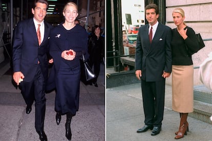 Una de las combinaciones que más se identifica en el estilo de Carolyn Bessette fue la de falda midi y botas altas de tacón, como la foto de la derecha, a la salida de su apartamento en Tribeca.