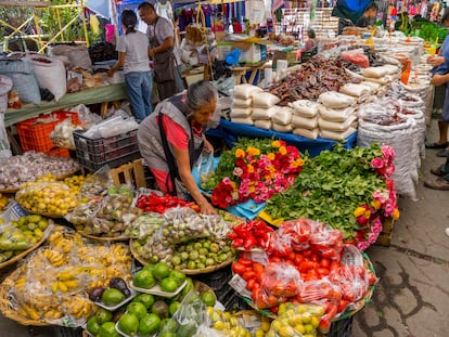 Una mujer vende frutas y verduras en un mercado en Oaxaca.