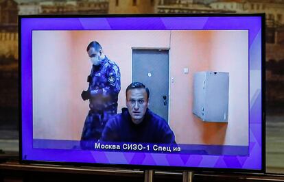 Navalni declara por videoconferencia en una vista judicial de apelación, este jueves en Moscú.