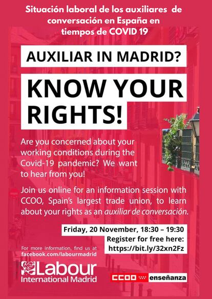 Convocatoria de CCOO a una teleasamblea de auxiliares de conversación bilingüe en Madrid para que defiendan sus derechos.