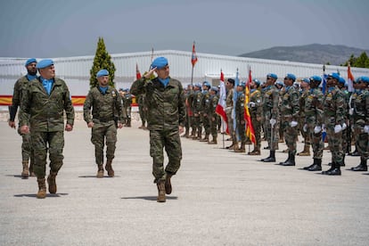 Ceremonia de relevo de la Brigada Multinacional Este de la Fuerza de Naciones Unidas para Líbano (Unifil), bajo mando español, el 30 de mayo de 2022, en Marjayún, en el sur del país.