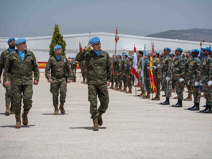 Ceremonia de relevo de la Brigada Multinacional Este de la Fuerza de Naciones Unidas para Líbano (Unifil), bajo mando español, el 30 de mayo de 2022, en Marjayún, en el sur del país.