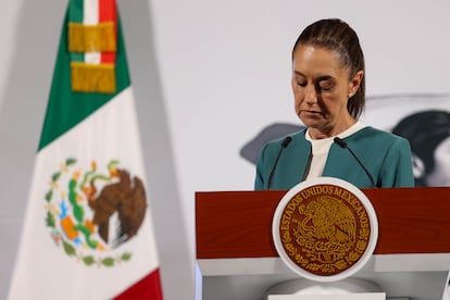 Claudia Sheinbaum en la mañanera donde leyó una carta en la cual dio a conocer cómo su gobierno atenderá la problemática de los desaparecidos en México, el 17 de marzo.