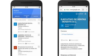 Apariencia de la funci&oacute;n de Google Empleo desde el celular.