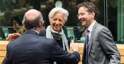 Guindos, Lagarde y Dijsselbloem, en Bruselas.