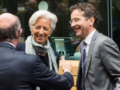 Guindos, Lagarde y Dijsselbloem, en Bruselas.