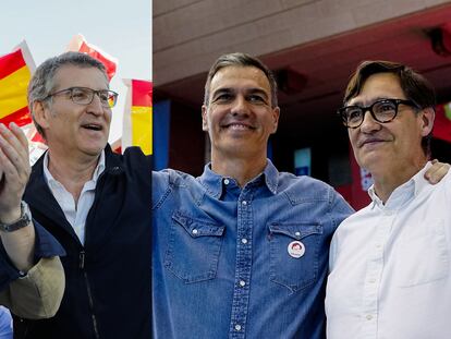 A la derecha, el candidato del PP a Cataluña, Alejandro Fernández, junto al líder del PP, Alberto Núñez Feijóo, y a la izquierda, el presidente del Gobierno, Pedro Sánchez, al lado del candidato del PSC a Cataluña, Salvador Illa, en eventos de campaña del 12M.