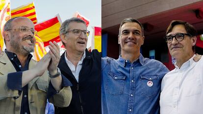 A la derecha, el candidato del PP a Cataluña, Alejandro Fernández, junto al líder del PP, Alberto Núñez Feijóo, y a la izquierda, el presidente del Gobierno, Pedro Sánchez, al lado del candidato del PSC a Cataluña, Salvador Illa, en eventos de campaña del 12M.