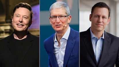 Elon Musk, fundador de SpaceX (desde la izquierda); Tim Cook, consejero delegado de Apple, y Peter Thiel, cofundador de PayPal.