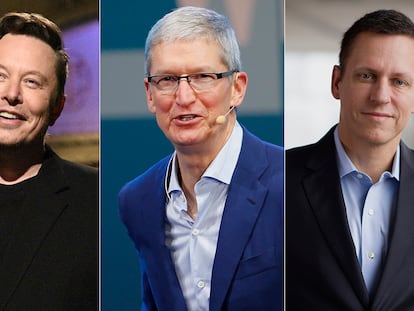 Elon Musk, fundador de SpaceX (desde la izquierda); Tim Cook, consejero delegado de Apple, y Peter Thiel, cofundador de PayPal.