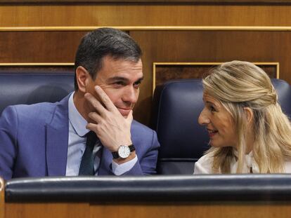 Pedro Sánchez y Yolanda Díaz, el 22 de febrero en el Congreso.