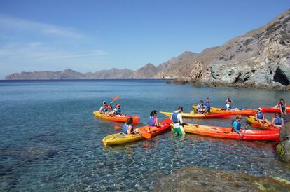 A la vera del cabo Tiñoso, entre acantilados, se encuentra El Portús, donde salen las rutas en kayak de Portuskayak (www.portuskayak.com). Una salida que fusiona aventura y conocimiento del medio lleva a la cueva de Neptuno. También podremos maravillarnos con los fondos de posidonia de las playas de cala Aguilar, Las Gemelas y Los Boletes. Como está prohibido pisar la isla de los Colomos, al ser hábitat de paíños y pardelas, se atraviesa por el canal que la divide.