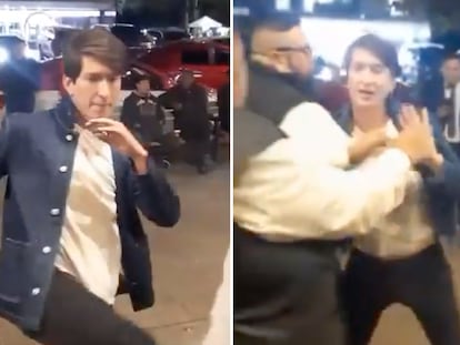 Fotogramas del video donde aparece Juan Pablo Sánchez Gálvez, hijo de Xóchitl Gálvez, agrediendo a guardias de seguridad.