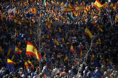 Banderas de España son ondeadas por los manifestantes durante la concentración de este domingo en Madrid.