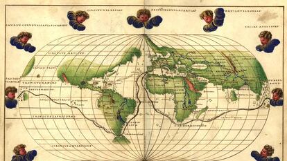 Mapamundi de Bautista Agnese (1500-1564) de 1544 con la ruta de la primera vuelta al mundo de Fernando de Magallanes y Juan Sebastián Elcano. 