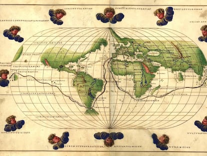 Mapamundi realizado por Bautista Agnese en 1544 con la ruta de la primera vuelta al mundo de Fernando de Magallanes y Juan Sebastián Elcano.