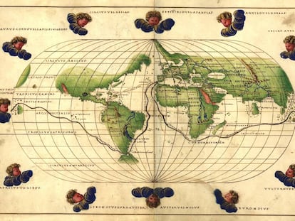 Mapamundi de Bautista Agnese (1500-1564) de 1544 con la ruta de la primera vuelta al mundo de Fernando de Magallanes y Juan Sebastián Elcano. 