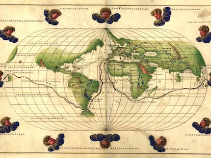 Mapamundi de Bautista Agnese (1500-1564) de 1544 con la ruta de la primera vuelta al mundo de Fernando de Magallanes y Juan Sebastián Elcano. 