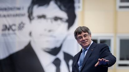 Carles Puigdemont, durante el acto de presentación de la candidatura de Junts, en Elna (Francia), el pasado 6 de abril.