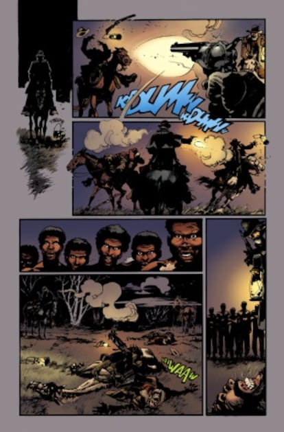 Una de las primeras páginas del cómic, aún sin los bocadillos, la espectacular y violenta entrada en escena del doctor King Schultz.