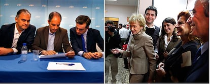 Francisco Camps, en el centro, analiza con Pons y Costa datos electorales. María Teresa Fernández de la Vega, acompañada de varios candidatos, tras analizar los resultados.