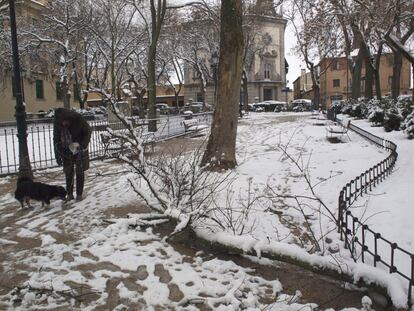 Una mujer pasea con su perro por un jardín en Segovia.