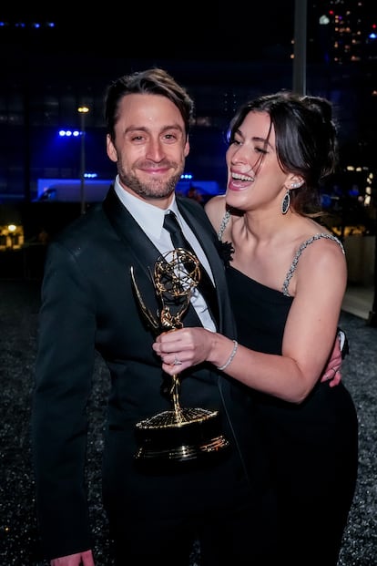 After receiving the Emmy, actor Kieran Culkin and his wife Jazz Charton attend a party in Los Angeles, California, on January 15, 2024.