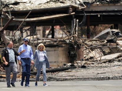 U.S. President Joe Biden and first lady Jill Biden walk with Hawaii Governor Josh Green and his wife Jaime Green as they tour the fire-ravaged town of Lahaina on the island of Maui in Hawaii, U.S., August 21, 2023.