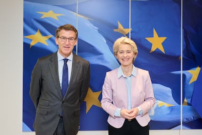 El presidente del PP, Alberto Núñez Feijóo, durante su reunión con la Presidenta de la Comisión europea, Ursula von der Leyen, este miércoles en Bruselas.