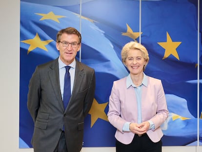 El presidente del PP, Alberto Núñez Feijóo, durante su reunión con la Presidenta de la Comisión europea, Ursula von der Leyen, este miércoles en Bruselas.