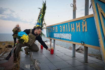 Ukrainian President Volodimir Zelenskiy on the Island of Snakes, in the Black Sea, which was occupied by Russia in the early stages of the invasion. 
