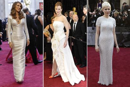 Si resultaba más previsible que Sharon Stone fuera de Dior, la elección de Nicole Kidman resultó más sorprendente. Escogió un vestido de alta costura blanco y bordado de Dior porque le gustó "su estructura". Del mismo color vistió Celine Dion con un Armani Privé de aire lunar. Completa este trío de alta costura y blanco el delicado diseño de Karl Lagerfeld para Chanel que lució Michelle Williams.