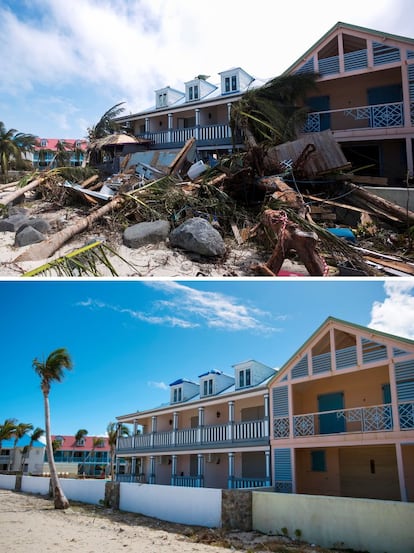 En la fotografía de arriba se observan todos los daños causados en una playa de la isla caribeña de San Martín, el 7 de septiembre de 2017, después del paso de huracán Irma. En la imagen de abajo, el edificio sin los desperfectos el 27 de febrero de 2018.
