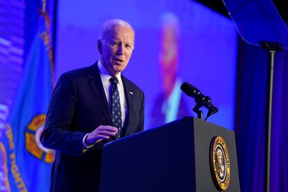 President Joe Biden speaks at the 2023 International Association of Fire Fighters Legislative Conference, Monday, March 6, 2023, in Washington.