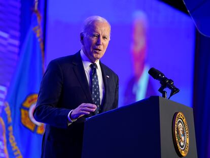 President Joe Biden speaks at the 2023 International Association of Fire Fighters Legislative Conference, Monday, March 6, 2023, in Washington.